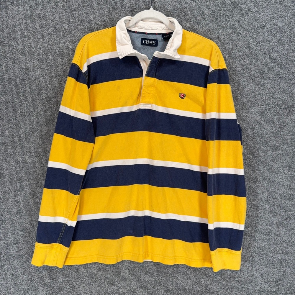 Chaps Rugby Shirt Mens XL Yellow Striped Long Sleeve Cotton Polo Casual Y2K